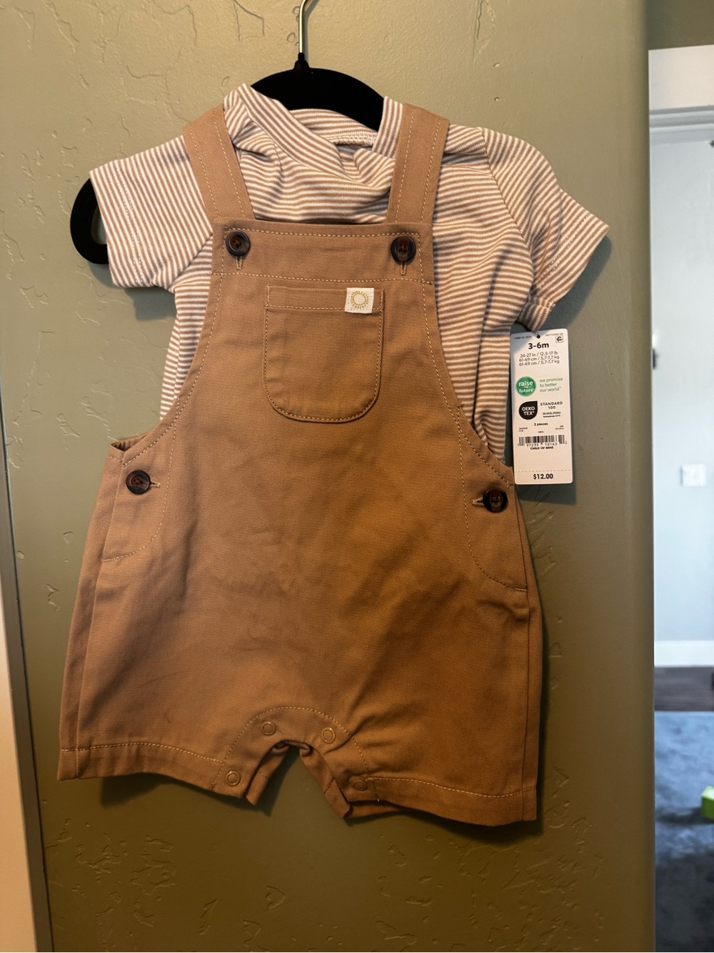 3-6 month NWT Carters Brown Canvas Short Overalls